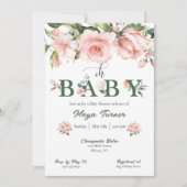Roze Bloemen en Groen Baby shower Uitnodiging (Voorkant)