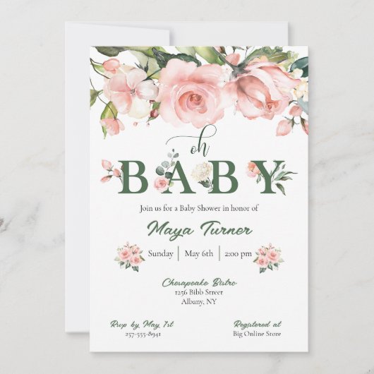 Roze Bloemen en Groen Baby shower Uitnodiging (Voorkant)
