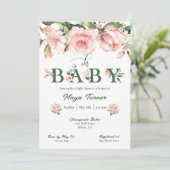Roze Bloemen en Groen Baby shower Uitnodiging (Staand voorkant)