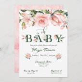 Roze Bloemen en Groen Baby shower Uitnodiging (Voorkant / Achterkant)