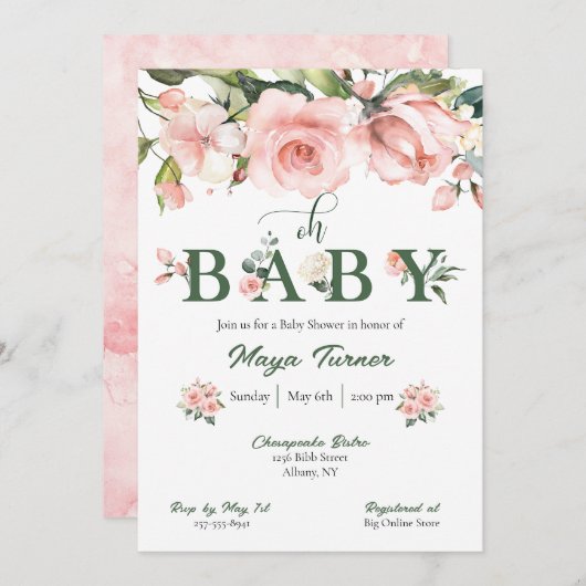 Roze Bloemen en Groen Baby shower Uitnodiging (Voorkant / Achterkant)