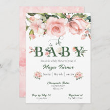 Roze Bloemen en Groen Baby shower Uitnodiging