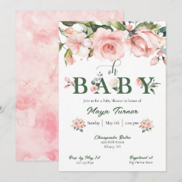 Roze Bloemen en Groen Baby shower Uitnodiging