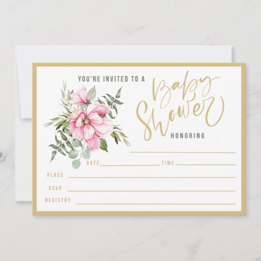 Roze bloemen en groen Baby shower vullen in Kaart (Voorkant)