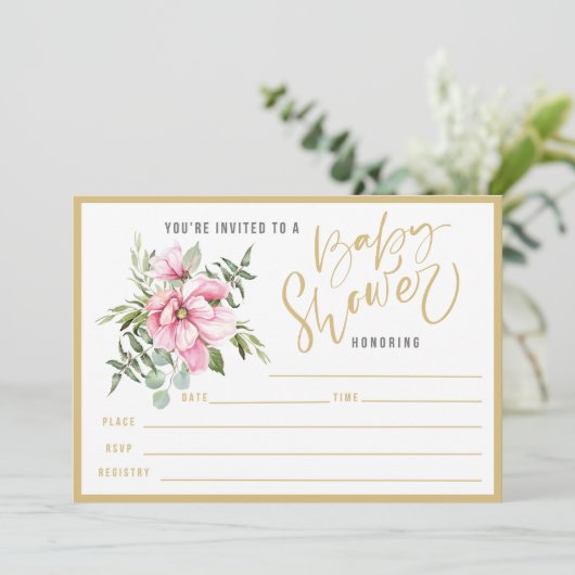 Roze bloemen en groen Baby shower vullen in Kaart (Staand voorkant)