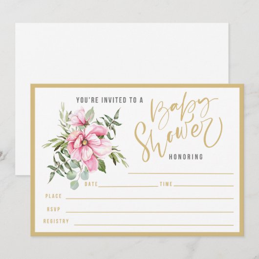 Roze bloemen en groen Baby shower vullen in Kaart (Voorkant / Achterkant)