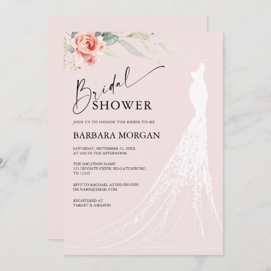 Roze Bloemen en Groen Bruidsdouche Uitnodiging (Voorkant / Achterkant)