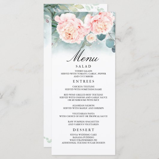 Roze Bloemen en Groen Bruiloft Menu's (Voorkant / Achterkant)