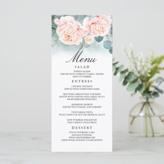 Roze Bloemen en Groen Bruiloft Menu's (Staand voorkant)