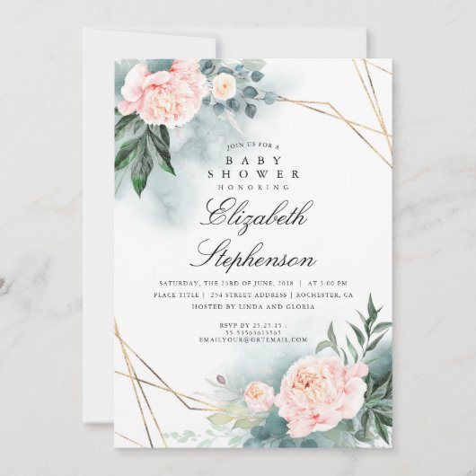 Roze Bloemen en Groen Elegant Baby shower Kaart (Voorkant)