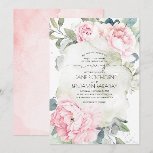 Roze Bloemen en Groen Elegant  Huwelijk Kaart (Voorkant / Achterkant)