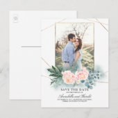 Roze Bloemen en Groen Foto Save the Date Aankondigingskaart (Voorkant / Achterkant)