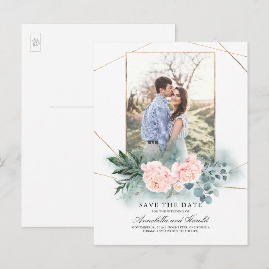 Roze Bloemen en Groen Foto Save the Date Aankondigingskaart (Voorkant / Achterkant)