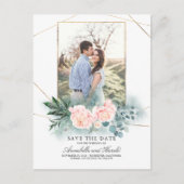 Roze Bloemen en Groen Foto Save the Date Aankondigingskaart (Voorkant)