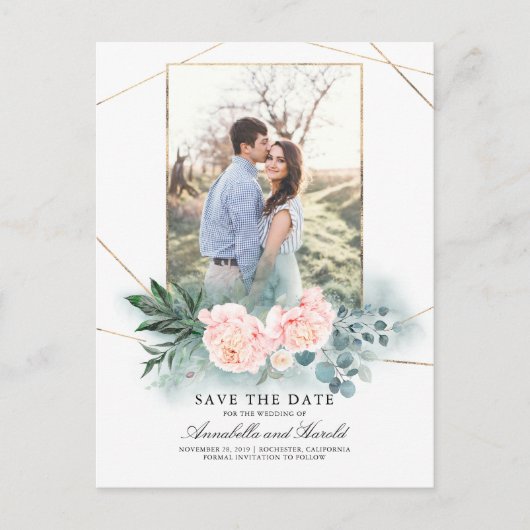 Roze Bloemen en Groen Foto Save the Date Aankondigingskaart (Voorkant)