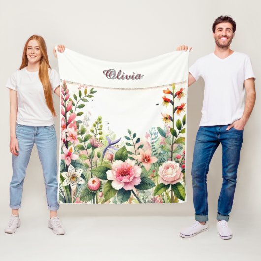 Roze bloemen en groen gepersonaliseerd fleece deken (In situ)