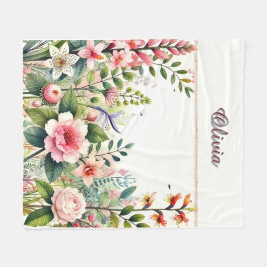 Roze bloemen en groen gepersonaliseerd fleece deken (Voorkant (Horizontaal))