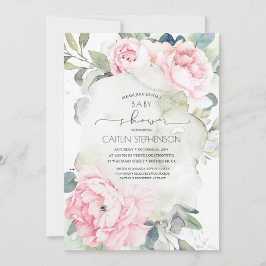 Roze Bloemen en Groene Baby Shower Kaart (Voorkant)