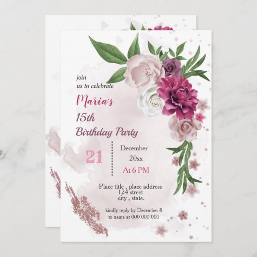 roze bloemen en groene bladeren kaart (Voorkant / Achterkant)