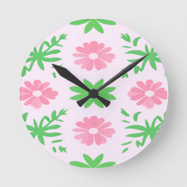 Roze bloemen en groene bladeren naadloos patroon ronde klok