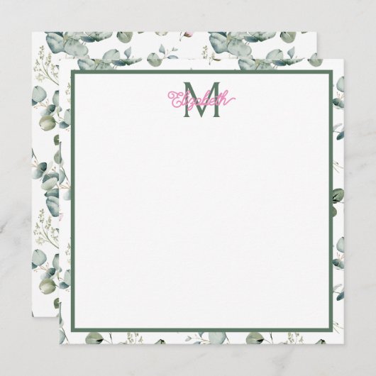 Roze bloemen en groene bladeren op wit monogram notitiekaartje (Voorkant / Achterkant)
