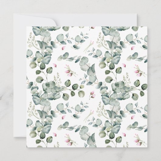 Roze bloemen en groene bladeren op wit monogram notitiekaartje (Achterkant)