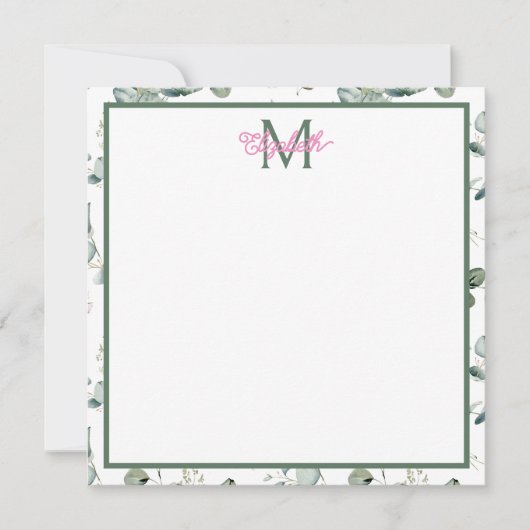 Roze bloemen en groene bladeren op wit monogram notitiekaartje (Voorkant)