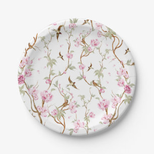 roze bloemen en groene bladeren papieren bordje