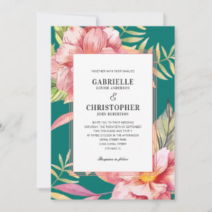Roze Bloemen en Groene Theebruiloft Kaart