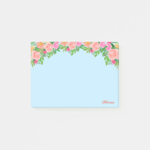 Roze bloemen en kalligrafie op lichtblauw post-it® notes