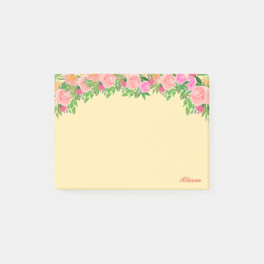 Roze bloemen en kalligrafie op lichtgeel post-it® notes (Voorkant)
