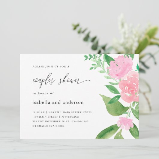 Roze Bloemen En Kalligrafie Trouwkoppels Douche Kaart (Staand voorkant)