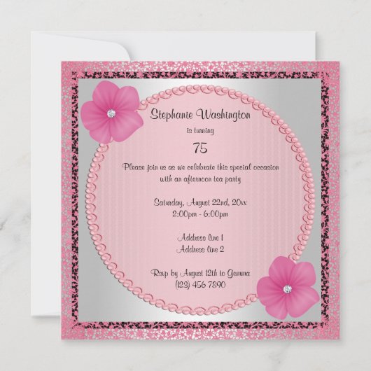 Roze bloemen en kant 75e verjaardag kaart (Achterkant)