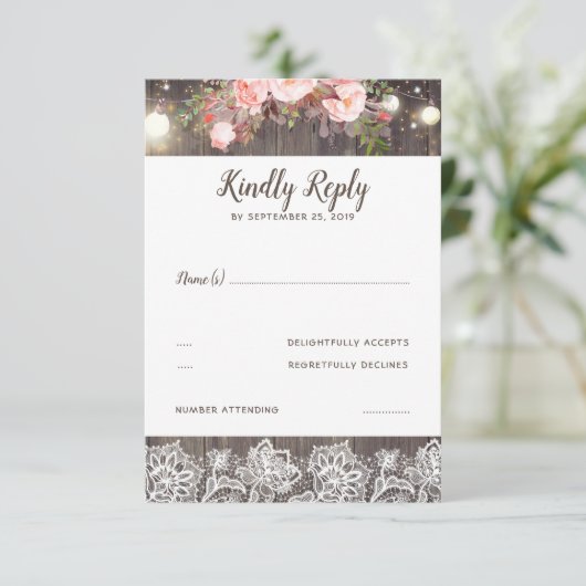 Roze Bloemen en Kant Rustieke RSVP (Staand voorkant)
