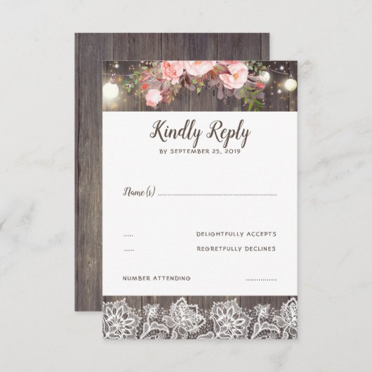 Roze Bloemen en Kant Rustieke RSVP (Voorkant / Achterkant)