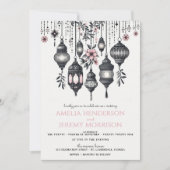 Roze Bloemen en Lantaarns Bruiloft Kaart (Voorkant)