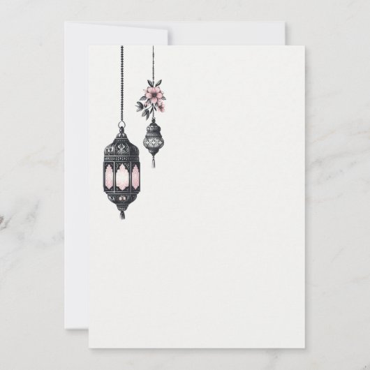 Roze Bloemen en Lantaarns Bruiloft Kaart (Achterkant)