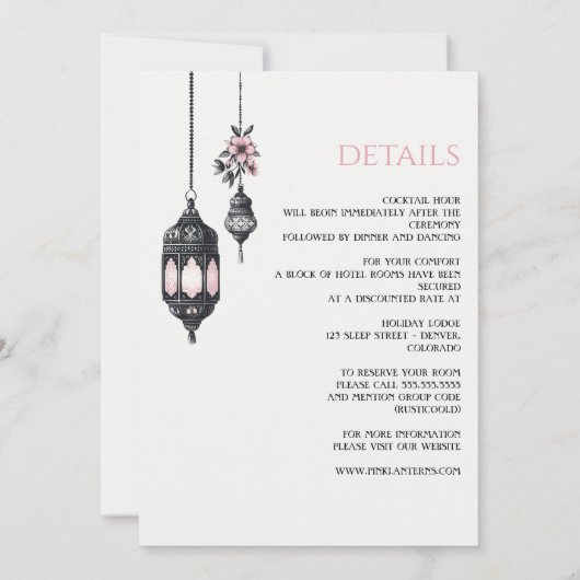 Roze Bloemen en Lantaarns Details Bruiloft Kaart (Achterkant)