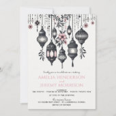 Roze Bloemen en Lantaarns QR Code Bruiloft Kaart (Voorkant)