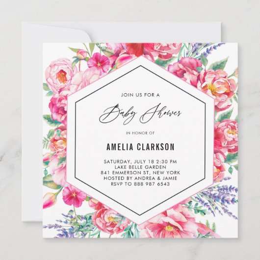 Roze bloemen en lavender Baby shower Kaart (Voorkant)