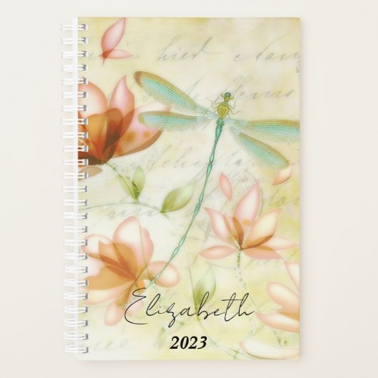Roze bloemen en libel gepersonaliseerd, jaar planner (Voorkant)