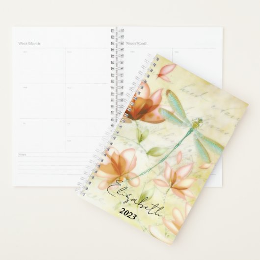 Roze bloemen en libel gepersonaliseerd, jaar planner (Display)