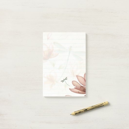 Roze bloemen en libellen post-it® notes (Op bureau)