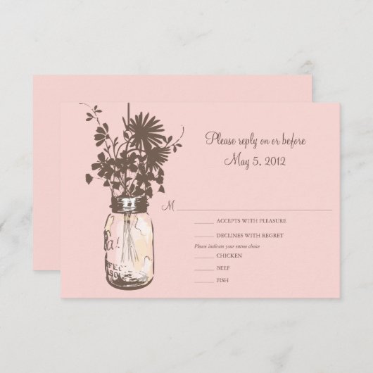 Roze bloemen en Mason Jar Wedding RSVP (Voorkant / Achterkant)