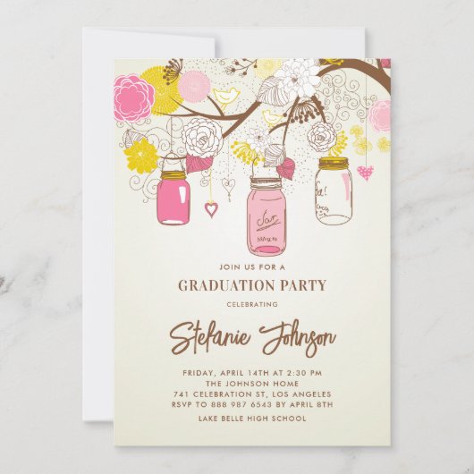 Roze Bloemen en Mason Jars Afstuderen Kaart (Voorkant)