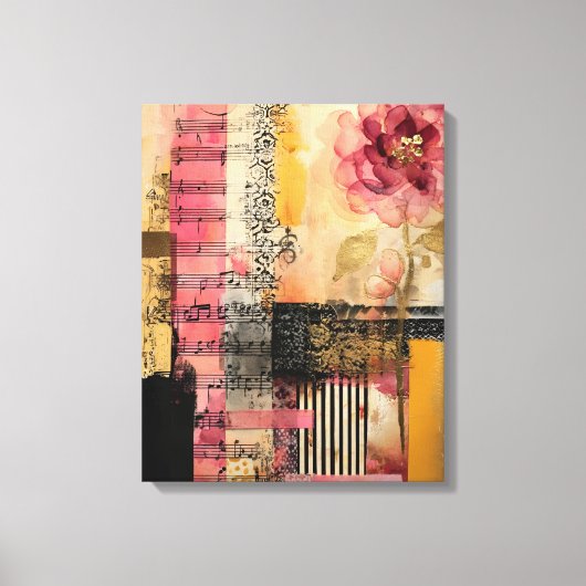 Roze bloemen en Muzieknoten Canvas Afdruk (Voorkant)