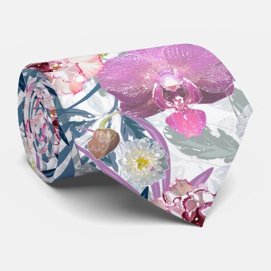 Roze bloemen en orchidee stropdas (Opgerold)
