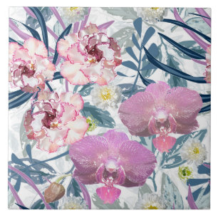 Roze bloemen en orchidee tegeltje