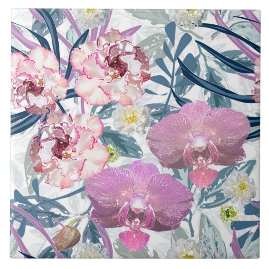 Roze bloemen en orchidee tegeltje (Voorkant)