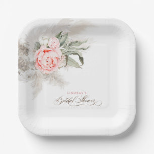 Roze Bloemen en Pampagras Boho Bruiloftsborrel Papieren Bordje